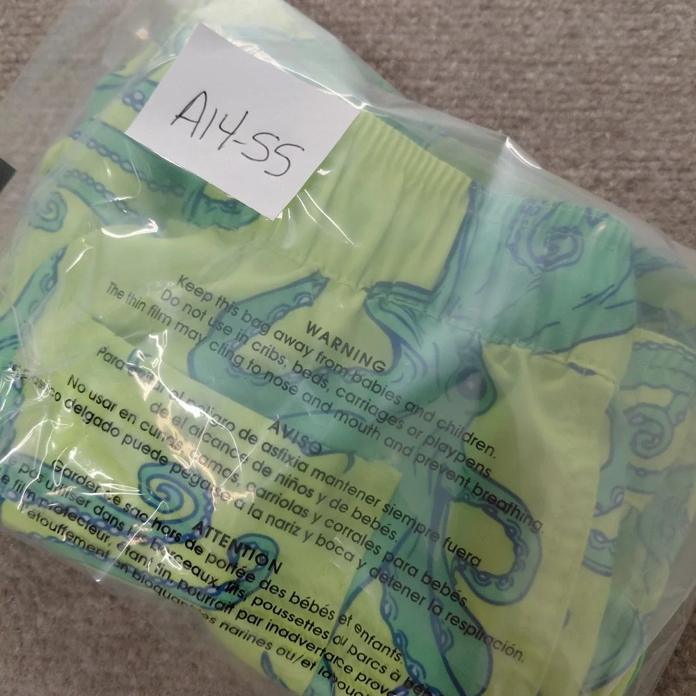 Sol Borne Boys Swim Trunks Neon Yellow Octopus Size XS (5) Elastic Tie Waist